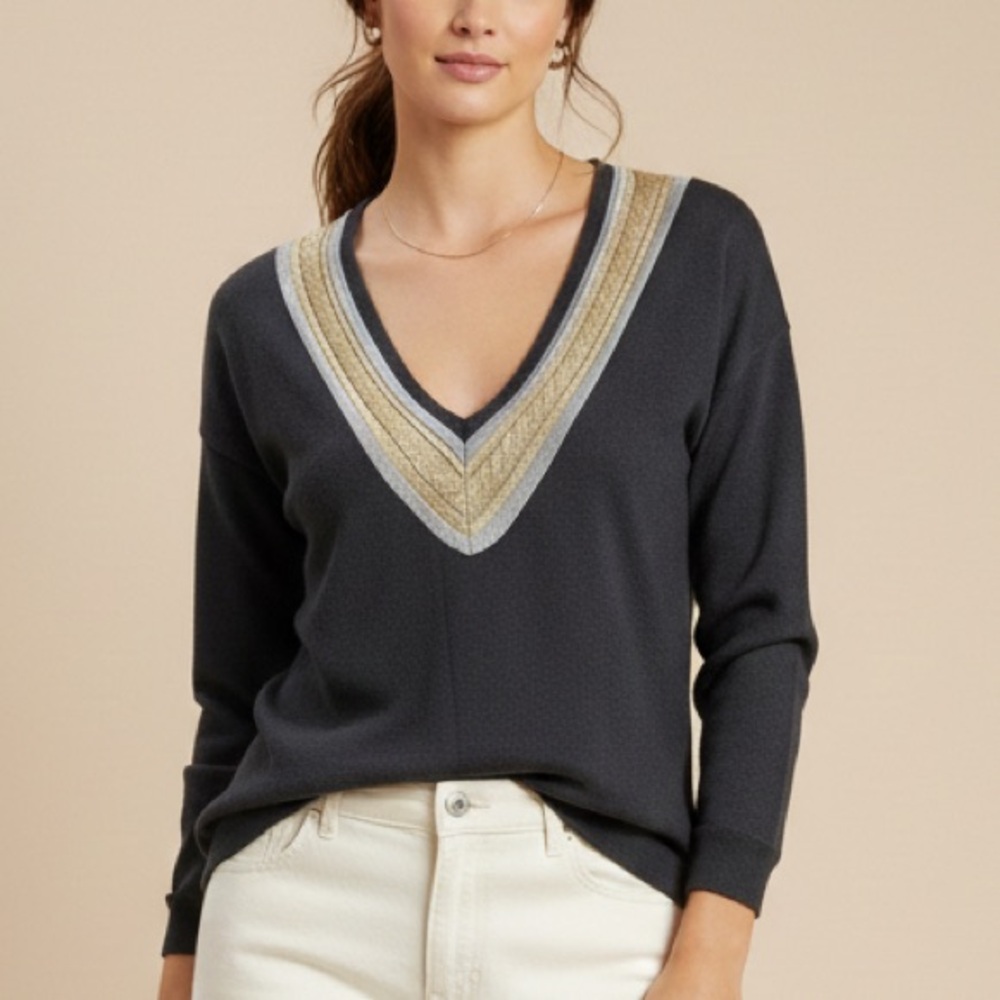 VTG Liz Claiborne Lambswool Blend V-Neck Sweater Sz M Black Gold Cable Knit 90's
